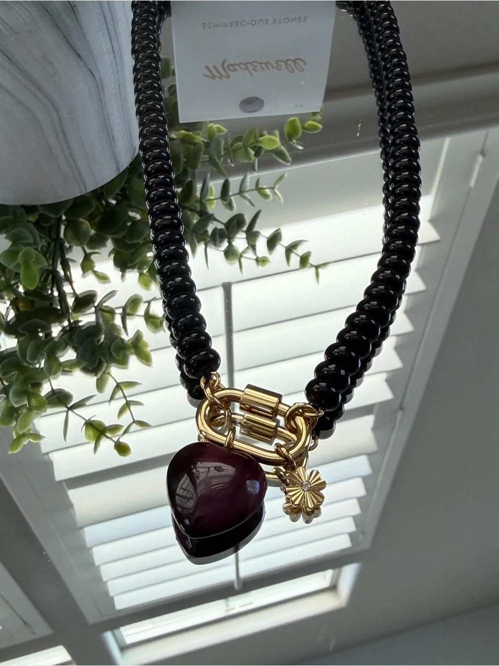 Madewell Black Semi Precious Stone Necklace Heart Charm NX270 NWT - Picture 2 of 6